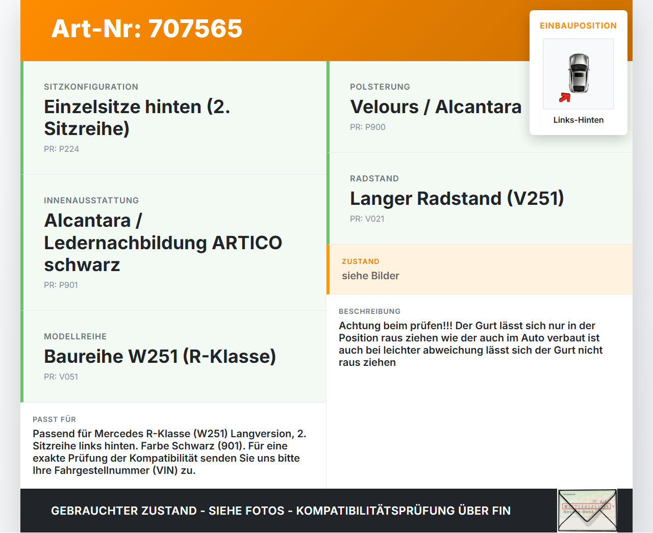 Mercedes W251 R300 Lang Gurt Sicherheitsgurt Gurtstraffer Links Hinten 2.Reihe Mercedes W251 R300 03.03.2008... Vorschau 3