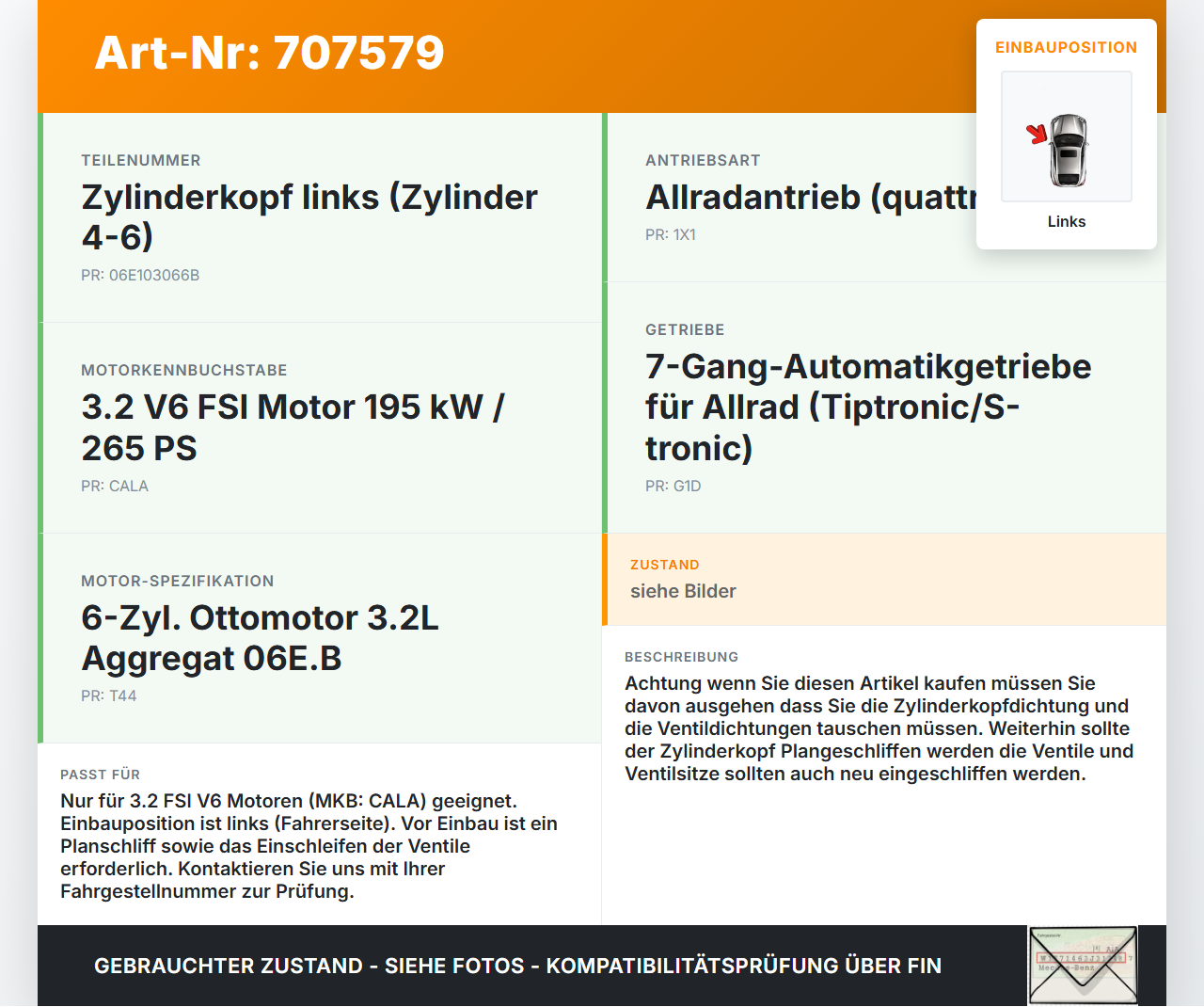 Audi A5 8T QU 07-12 FSI 3,2 195KW CALA Zylinderkopf Links Audi A5 8T QU 07-12 16.04.2008 06E103066B 06E103403A gebraucht Vorschau 3