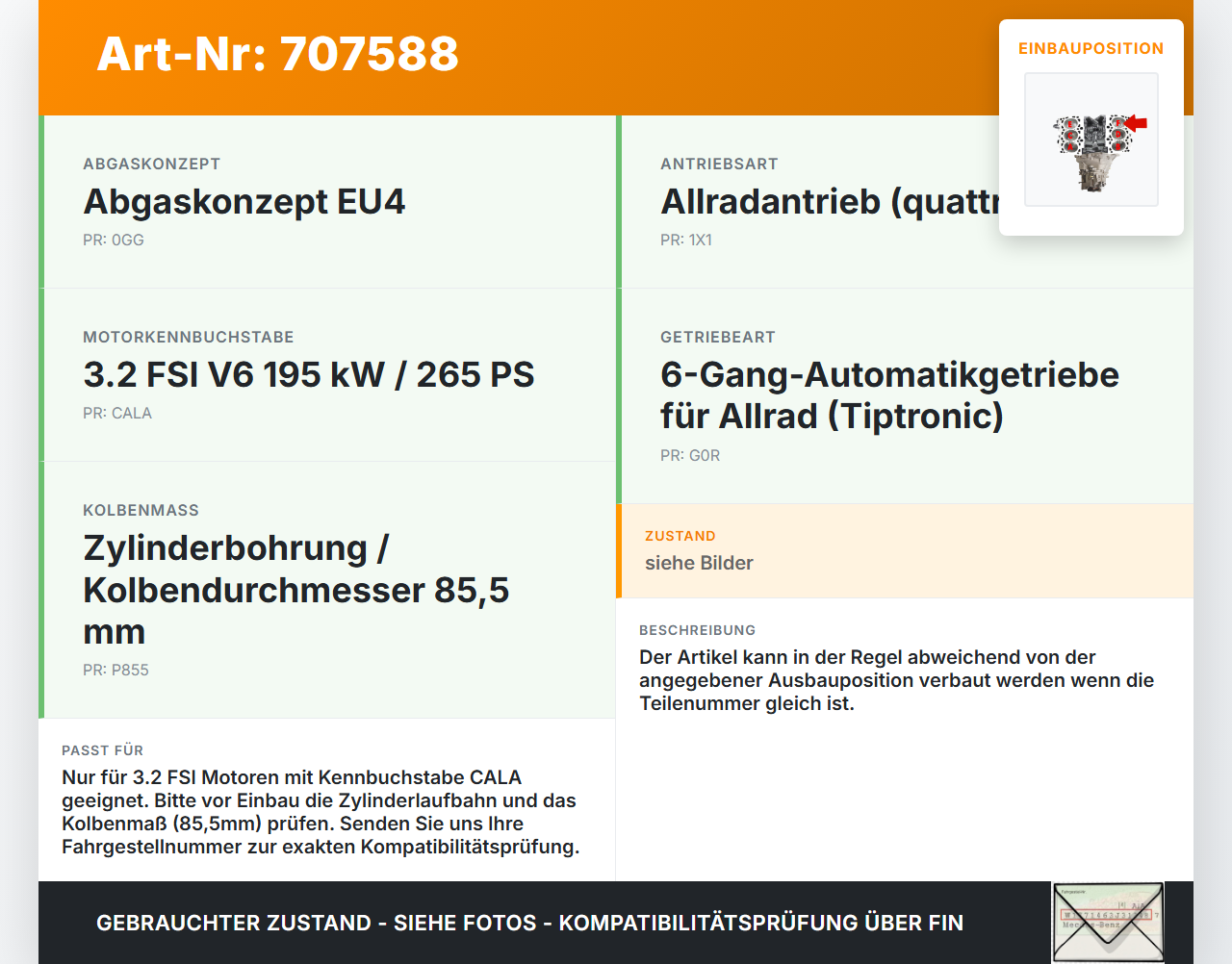 Audi A5 8T QU 07-12 FSI 3,2 195KW CALA Kolben mit Pleuel Pos F Rechts 85,5 Audi A5 8T QU 07-12 16.04.2008... Vorschau 3