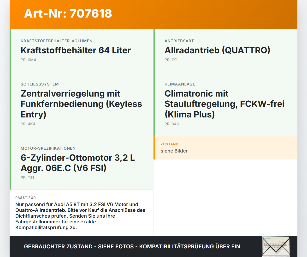 Audi A5 8T QU 07-12 FSI 3,2 195KW Tankgeber Tankeinheit Audi A5 8T QU 07-12 16.04.2008 8K0201301C gebraucht Vorschau 3
