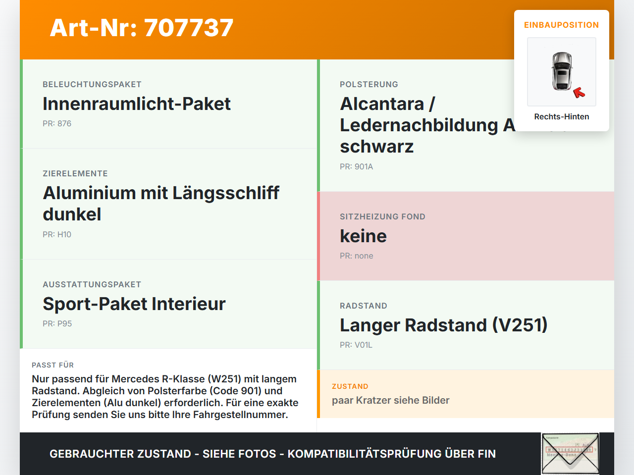 Mercedes W251 R300 Lang Türverkleidung Türpappe Rechts Hinten Mercedes W251 R300 03.03.2008 A2517300370 gebraucht Vorschau 3