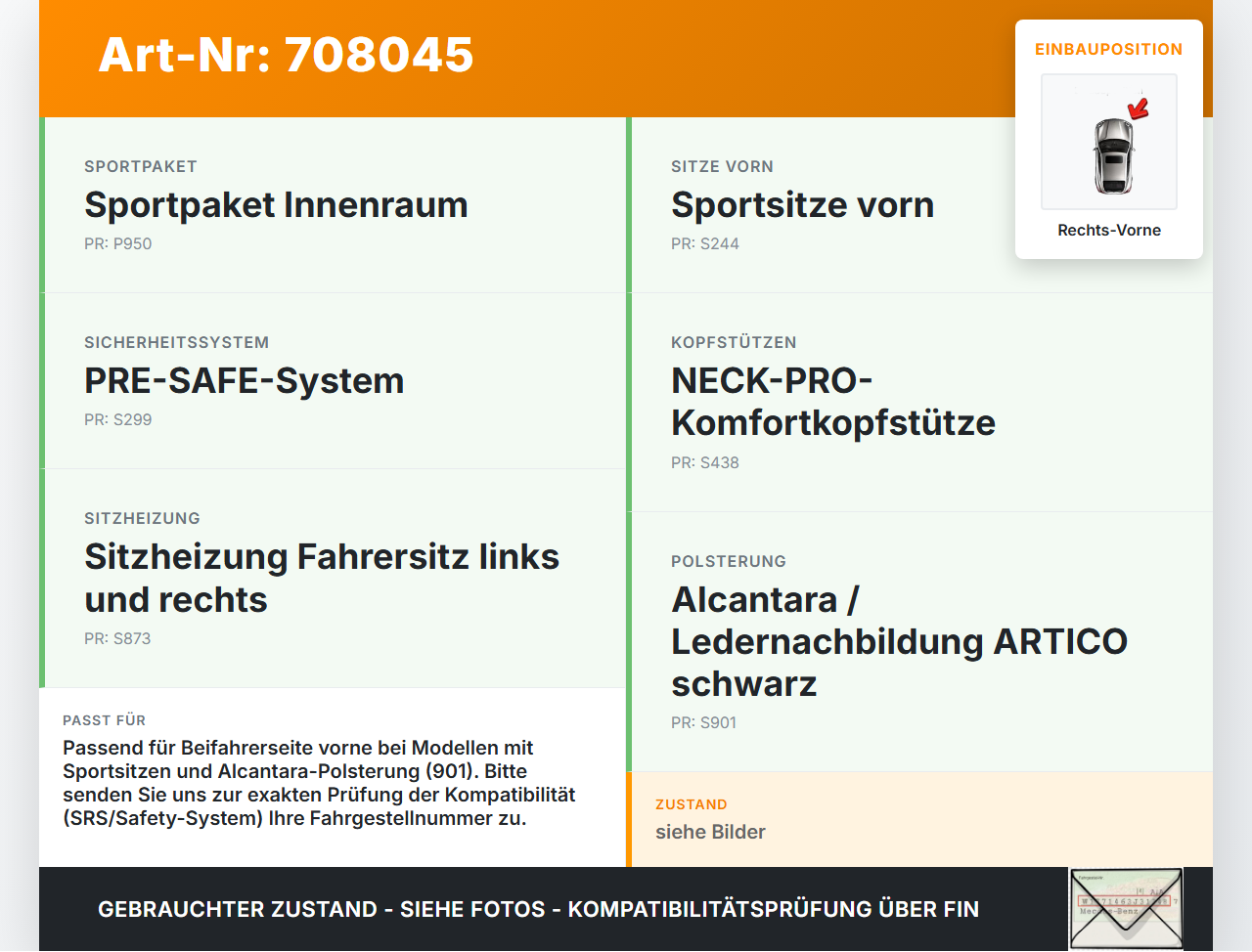 Mercedes W251 R300 CDI 3,0 140KW SRS Einlage Rückenpolster Sitz Safety Rechts Vorne Beifahrer Mercedes W251 R300... Vorschau 3