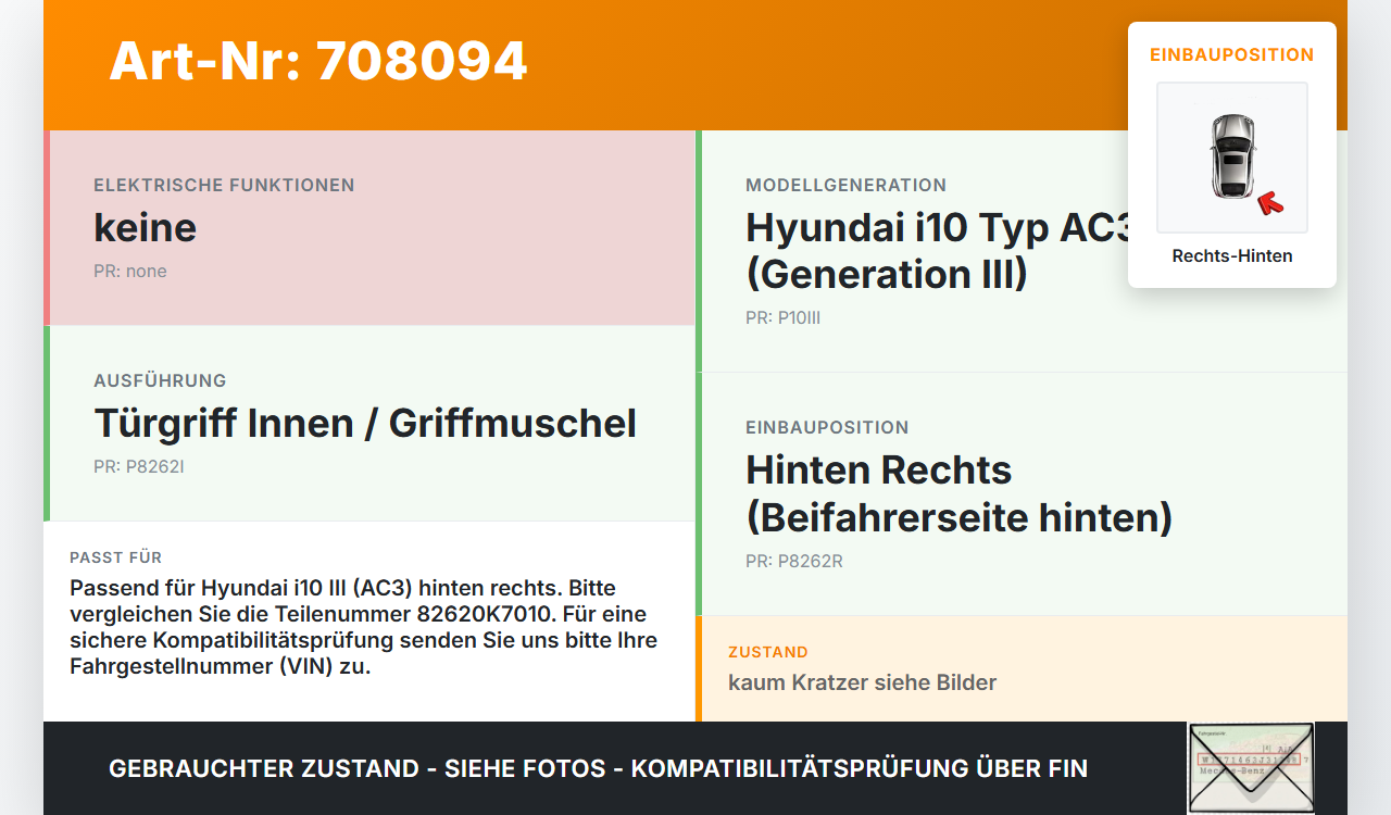 Hyundai I10 III Griff Griffmuschel Türgriff Innen Rechts Hinten Hyundai I10 III 12.11.2020 82620K7010 82620-K7010... Vorschau 3