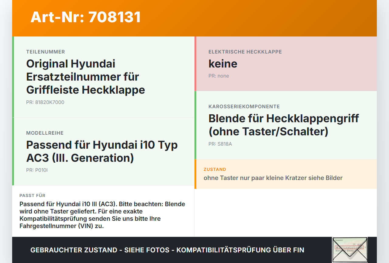 Hyundai I10 III Blende Griffleiste für Heckklappe Hyundai I10 III 12.11.2020 81820K7000 81820-K7000 gebraucht Vorschau 3