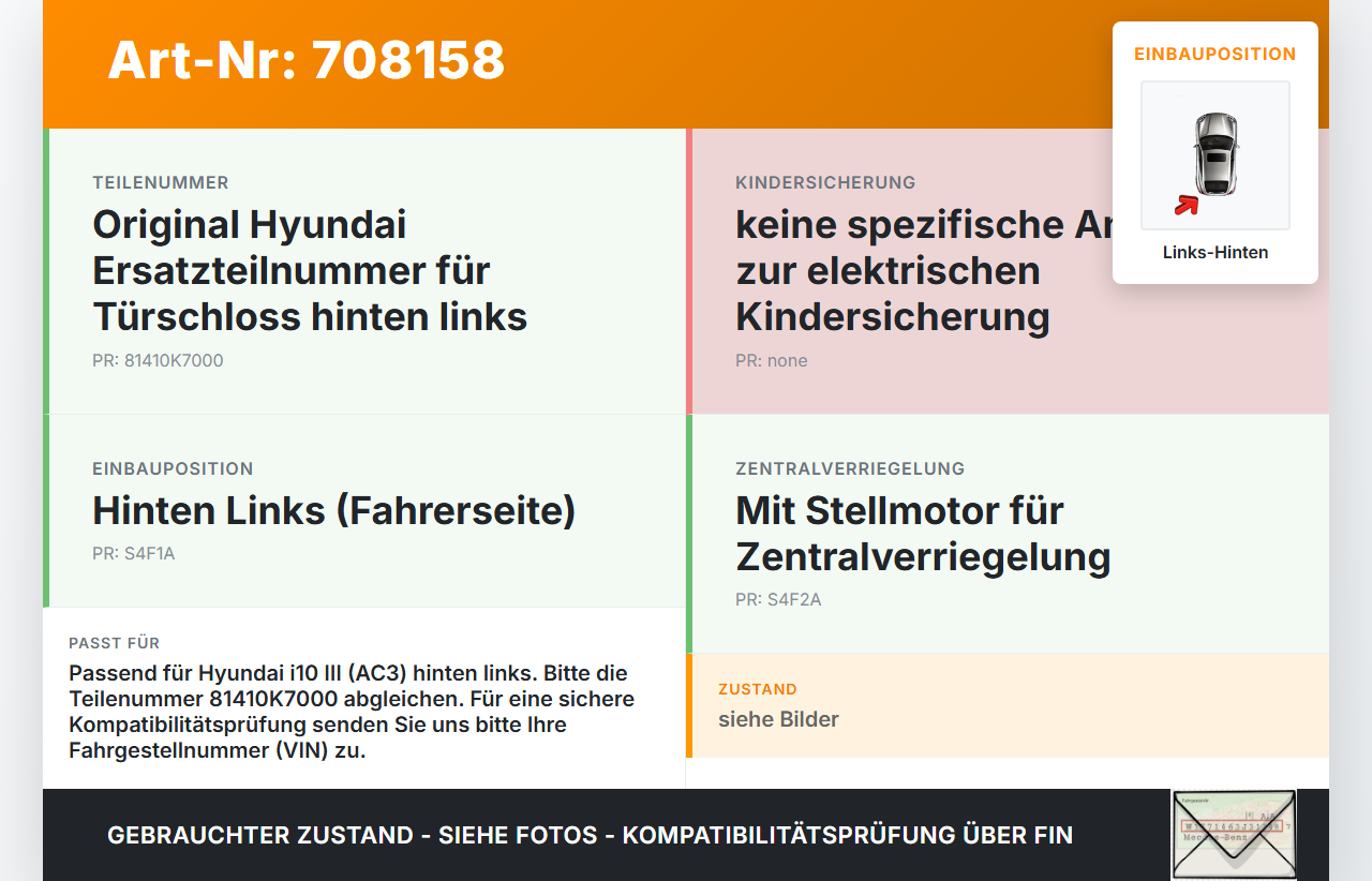 Hyundai I10 III Türschloss m. ZV Stellmotor Links Hinten Hyundai I10 III 12.11.2020 81410K7000 81410-K7000 gebraucht Vorschau 3