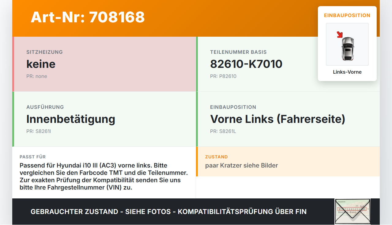 Hyundai I10 III Türgriff Griff Griffmuschel Innen Links Vorne Hyundai I10 III 12.11.2020 82610K7010TMT 82610-K7010... Vorschau 3