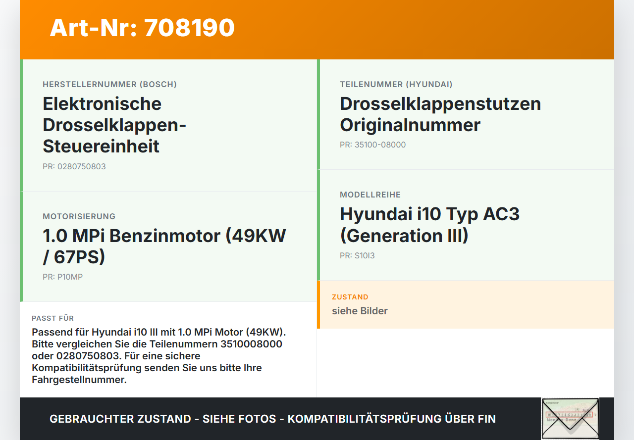 Hyundai I10 III MPi 1,0 49KW Drosselklappe Hyundai I10 III 12.11.2020 3510008000 35100-08000 0280750803 gebraucht Vorschau 3