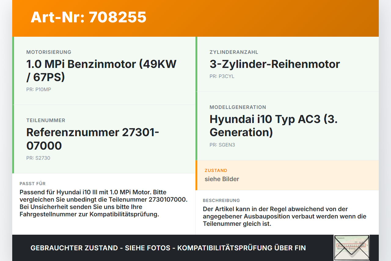 Hyundai I10 III MPi 1,0 49KW Zündspule Zyl.2 Hyundai I10 III 12.11.2020 2730107000 27301-07000 gebraucht Vorschau 3
