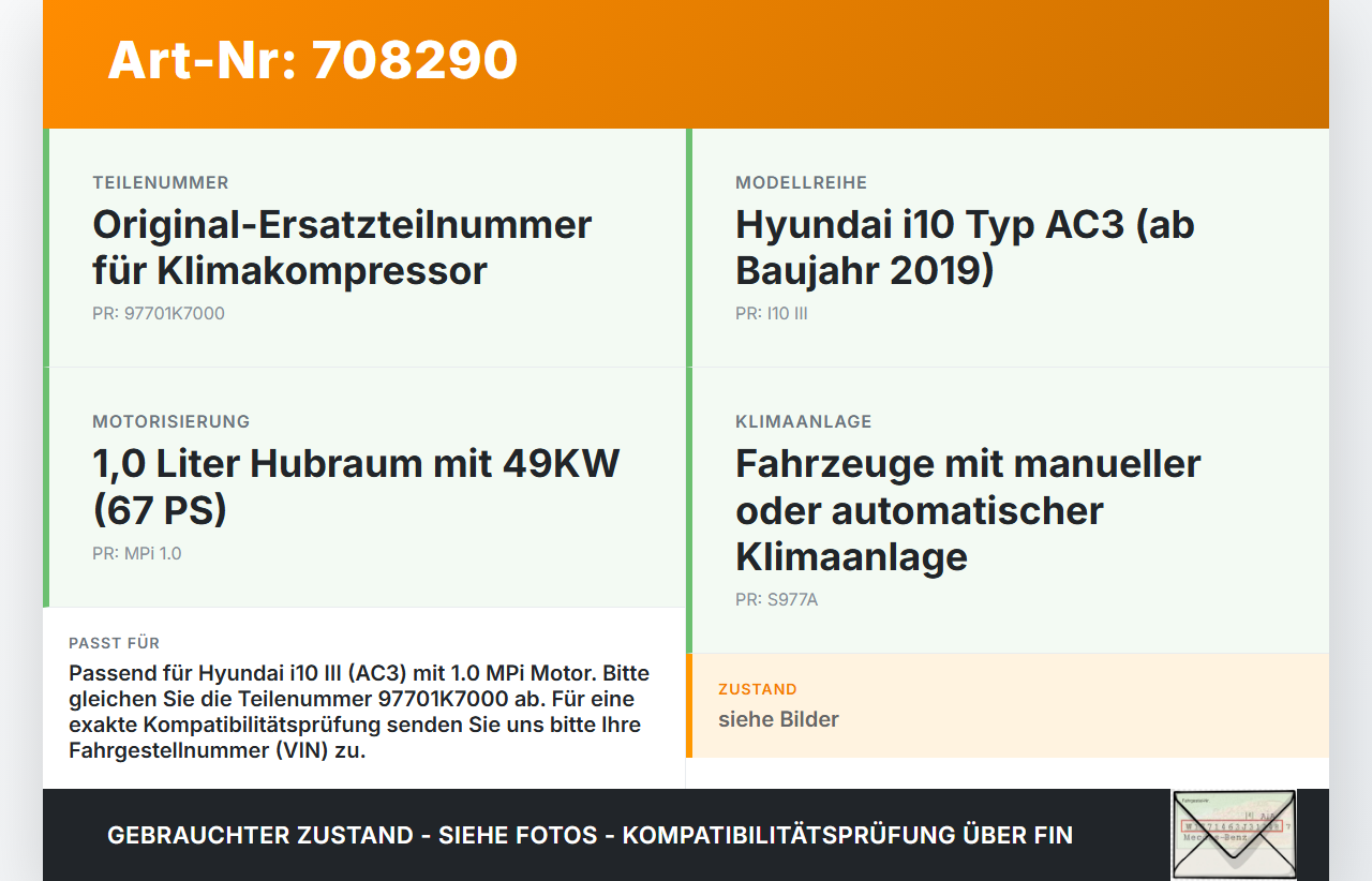 Hyundai I10 III MPi 1,0 49KW Klimakompressor Klima Kompressor Hyundai I10 III 12.11.2020 97701K7000 97701-K7000... Vorschau 3