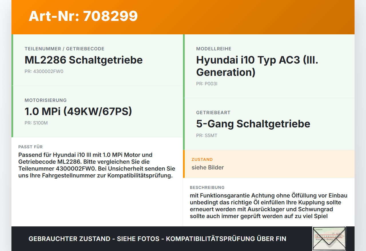 Hyundai I10 III MPi 1,0 49KW Schaltgetriebe Getriebe ML2286 Hyundai I10 III 12.11.2020 4300002FW0 gebraucht Vorschau 3