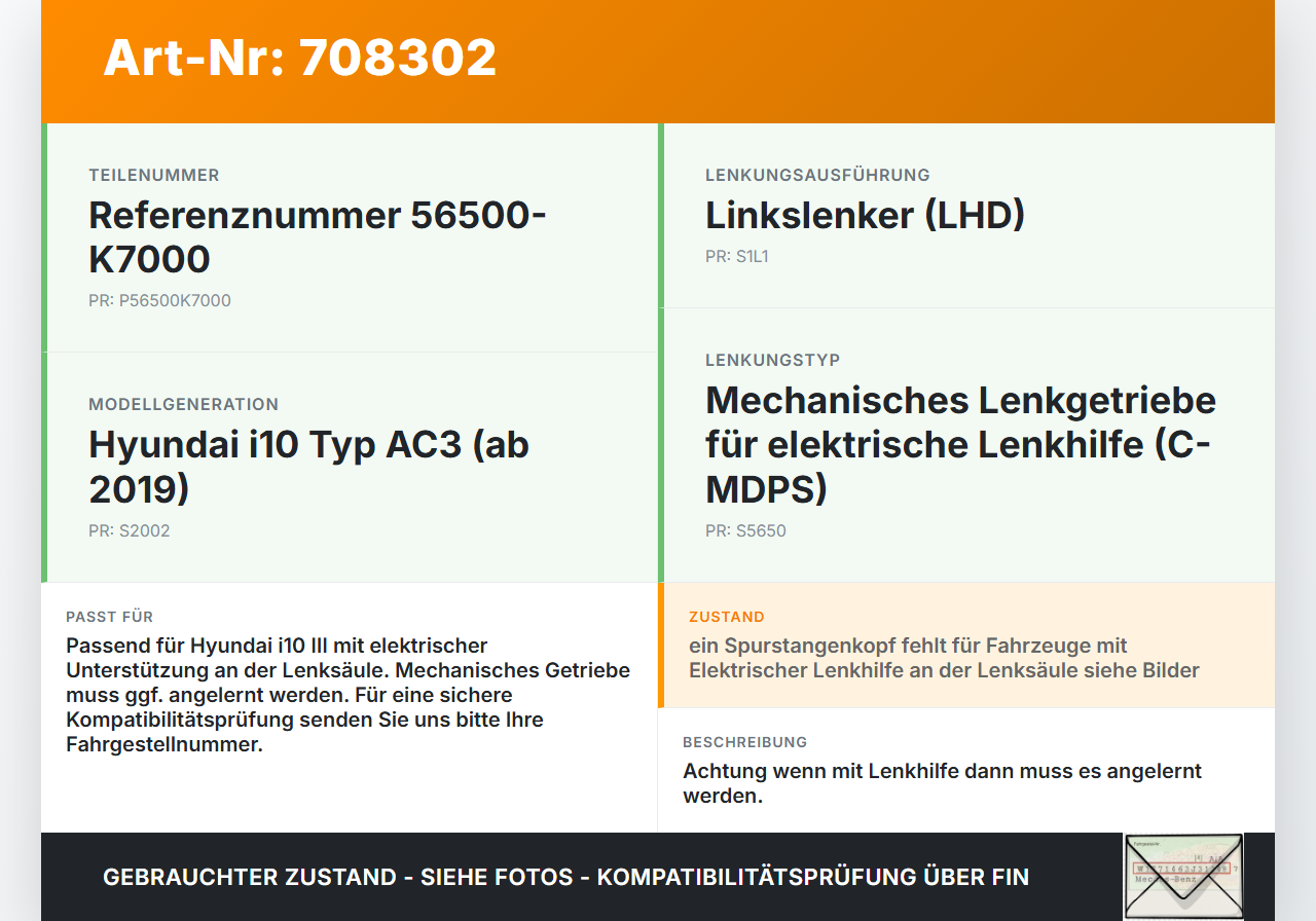 Hyundai I10 III Lenkgetriebe ohne Servo Hyundai I10 III 12.11.2020 56500K7000 56500-K7000 200205M2B gebraucht Vorschau 3