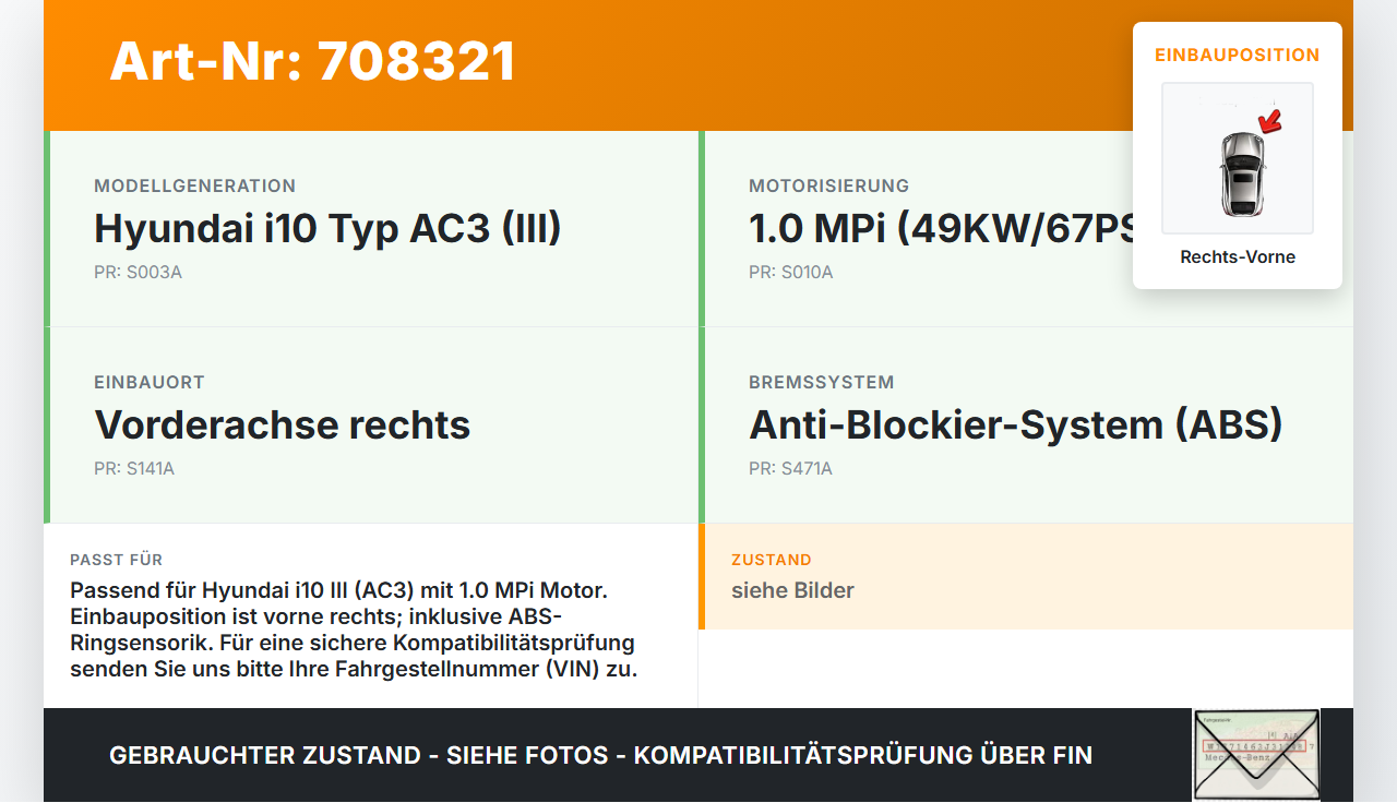 Hyundai I10 III MPi 1,0 49KW Achsschenkel Radnabe mit ABS Rechts Vorne Hyundai I10 III 12.11.2020 51716K7000... Vorschau 3