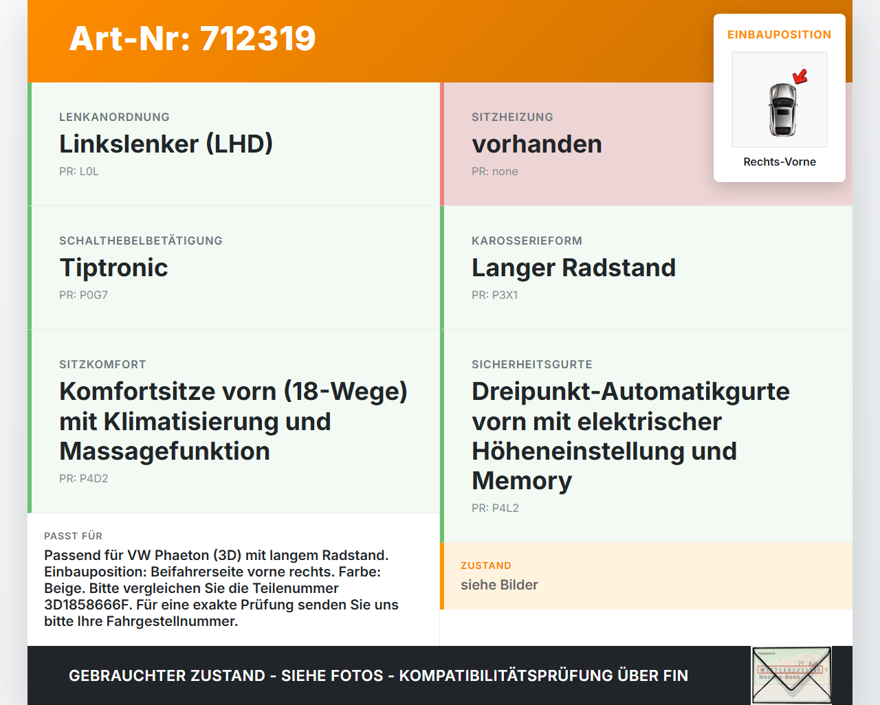 VW Phaeton 3D 01-07 Lang Gurtstraffer Beifahrer Rechts Vorne Beige VW Phaeton 3D 01-07 13.05.2006 3D1858666F... Vorschau 3
