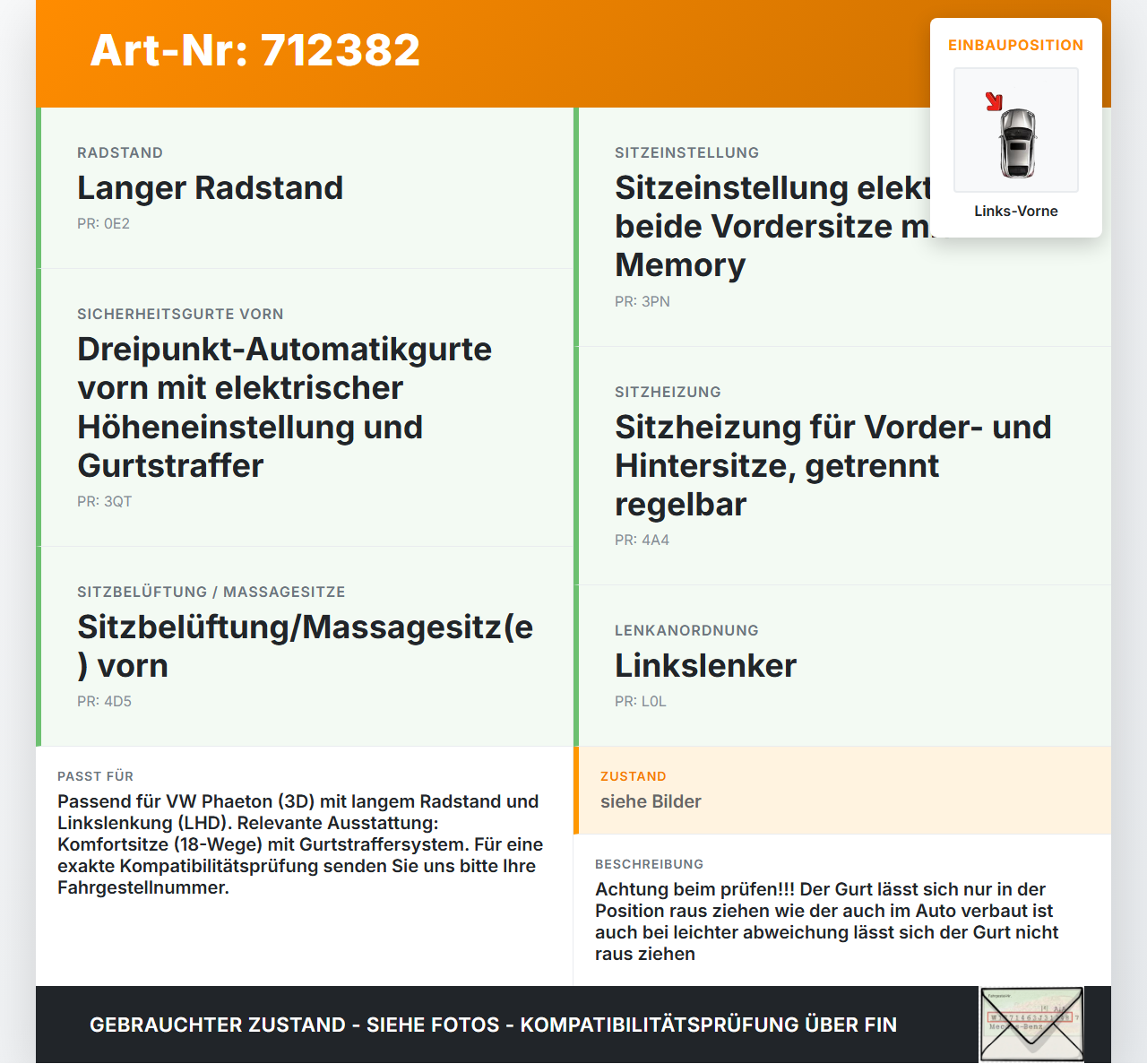 VW Phaeton 3D 01-07 Lang Gurt Sicherheitsgurt m. Gurtstraffer Fahrer Links Vorne VW Phaeton 3D 01-07 13.05.2006... Vorschau 3