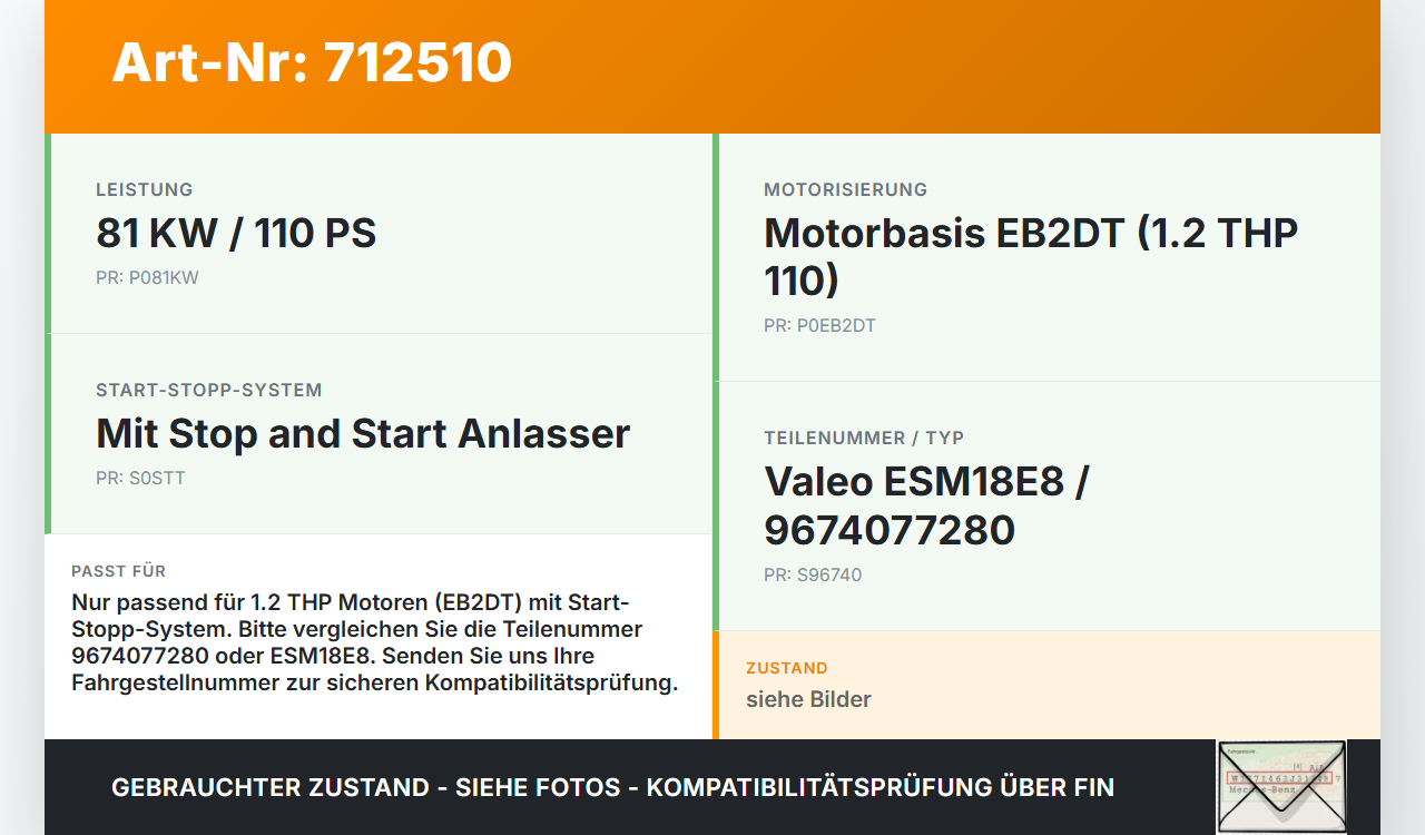 Peugeot 2008 I 16-19 THP 110 1,2 81KW Anlasser Starter Peugeot 2008 I 16-19 23.01.2017 9674077280 ESM18E8 gebraucht Vorschau 3