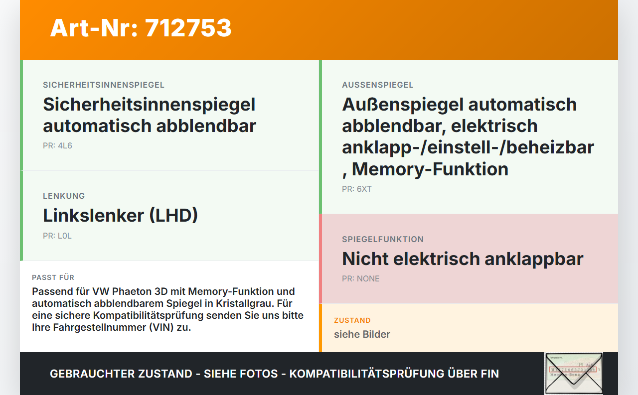 VW Phaeton 3D 01-07 Innenspiegel Rückspiegel Spiegel Innen Kristallgrau Elektrochrom Memory VW Phaeton 3D 01-07... Vorschau 3