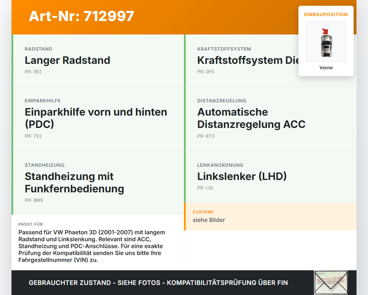 VW Phaeton 3D 01-07 Lang Kabelbaum Vorne Sonstiger VW Phaeton 3D 01-07 13.05.2006 3D1971121E gebraucht Vorschau 3