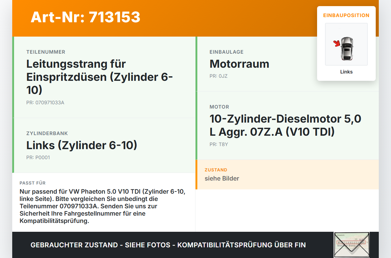 VW Phaeton 3D 01-07 Lang Kabelbaum für Motor Einspritzung Links VW Phaeton 3D 01-07 13.05.2006 070971033A gebraucht Vorschau 3