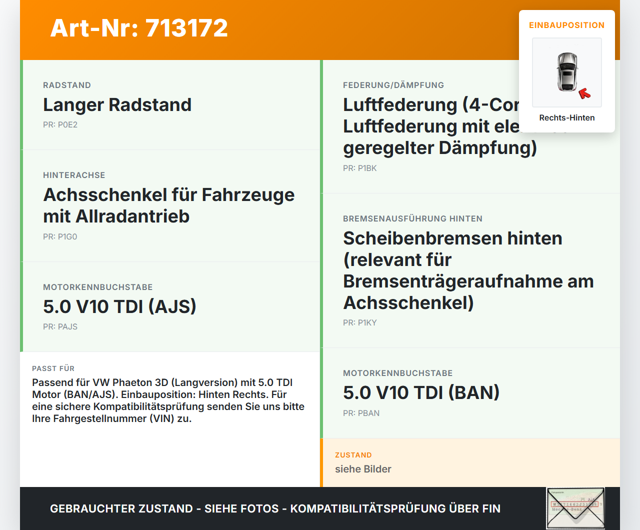 VW Phaeton 3D 01-07 Lang TDI 5,0 230KW Achsschenkel Radnabe mit ABS Rechts Hinten VW Phaeton 3D 01-07 13.05.2006... Vorschau 3