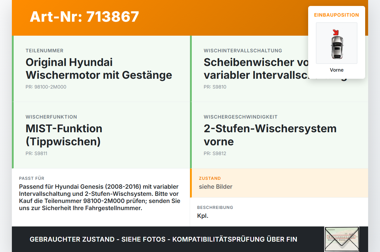 Hyundai Genesis 08-16 Wischermotor m. Wischergestänge Vorne Hyundai Genesis 08-16 08.08.2011 03541-8330 98110-2M000... Vorschau 3