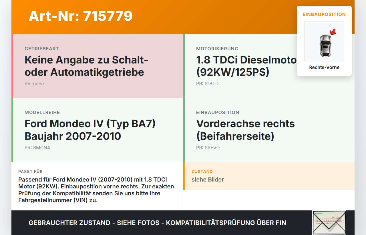Ford Mondeo IV 4 07-10 TDCi  1,8 92KW Antriebswelle Gelenkwelle Rechts Vorne Ford Mondeo IV 4 07-10 21.05.08... Vorschau 3