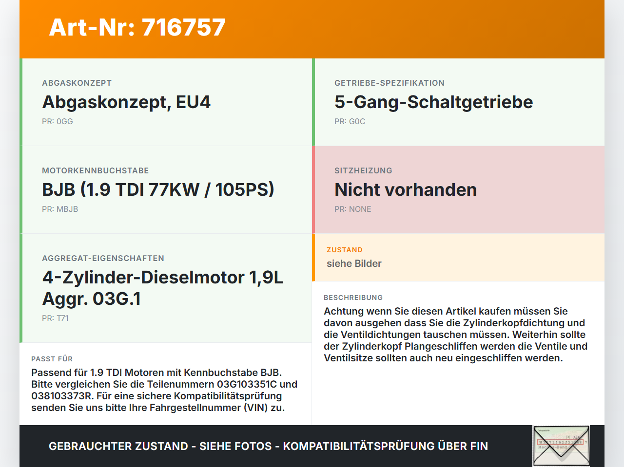 Seat Altea 5P 04-09 TDI 1,9 77KW BJB Zylinderkopf Seat Altea 5P 04-09 09.07.2004 03G103351C gebraucht Vorschau 3