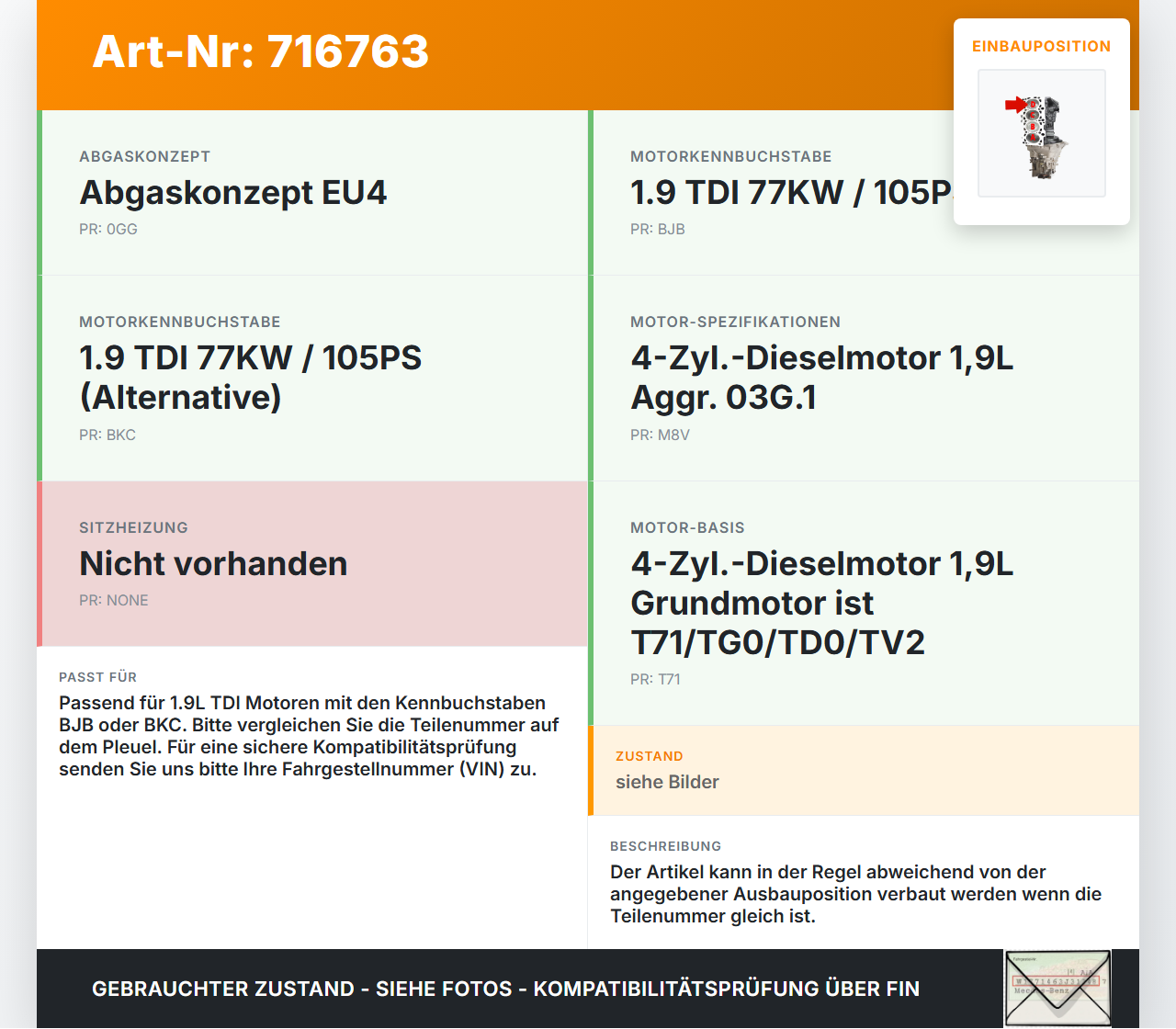 Seat Altea 5P 04-09 TDI 1,9 77KW BJB Kolben mit Pleuel Pos D Seat Altea 5P 04-09 09.07.2004 038105021S gebraucht Vorschau 3