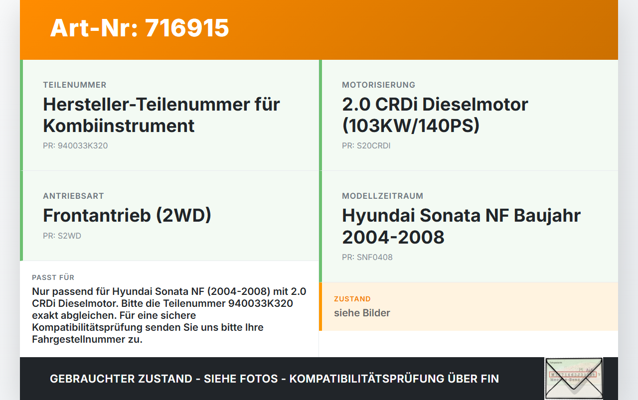 Hyundai Sonata NF V 04-08 CRDi 2,0 103KW Kombiinstrument Tacho Hyundai Sonata NF V 04-08 24.05.2006 940033K320... Vorschau 3