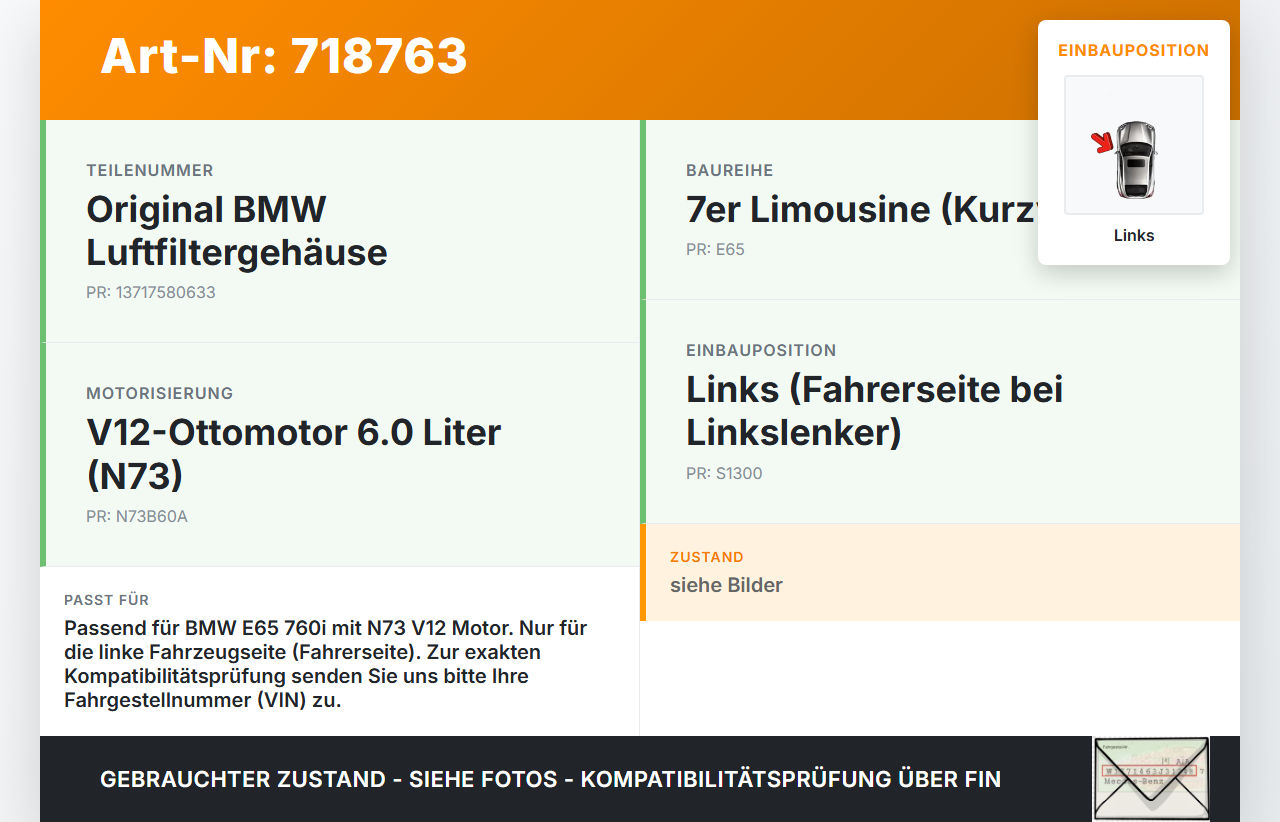 BMW 7er E65 760i 02-05 6,0i 327KW Luftfilterkasten Links BMW 7er E65 760i 02-05 03.07.2002 7580633 13717580633... Vorschau 3