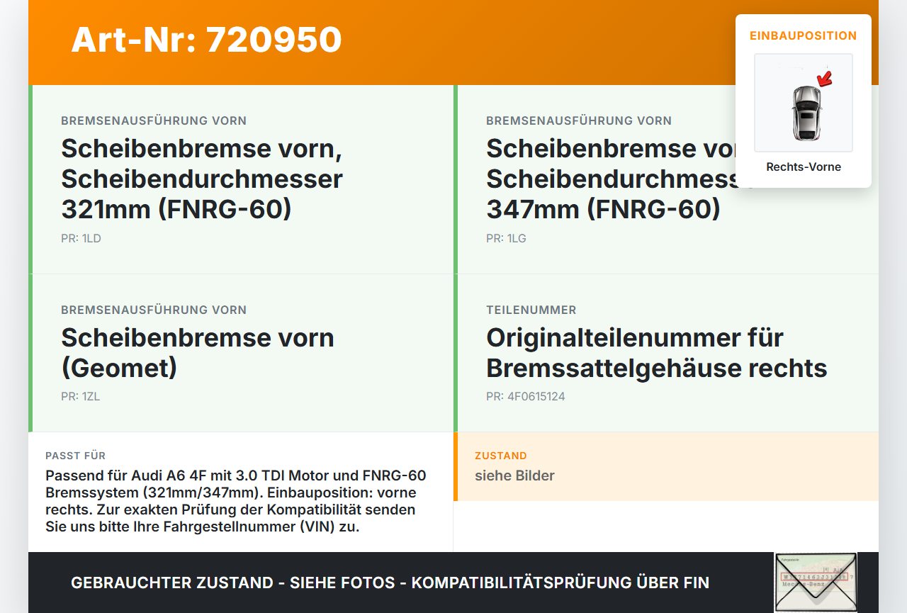 Audi A6 4F C6 04-08 TDI 3,0 171KW Bremssattel Bremszange Vorne Rechts Audi A6 4F C6 04-08 28.12.2007 4F0615124 gebraucht Vorschau 3
