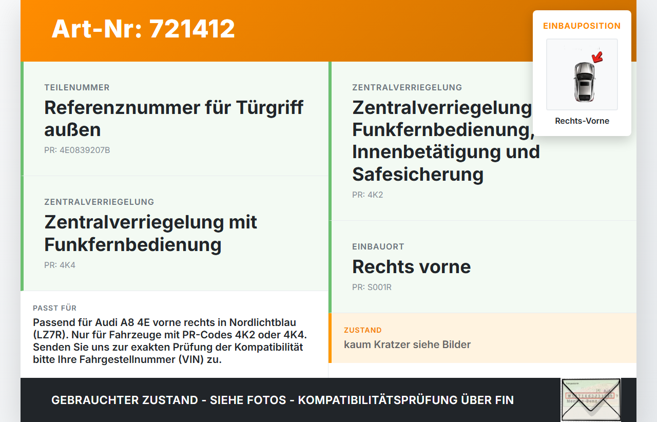 Audi A8 4E D3 02-05 Stufenheck Türgriff Griff aussen Rechts Vorne LZ7R Audi A8 4E D3 02-05 10.05.2004 4E0839207B... Vorschau 3