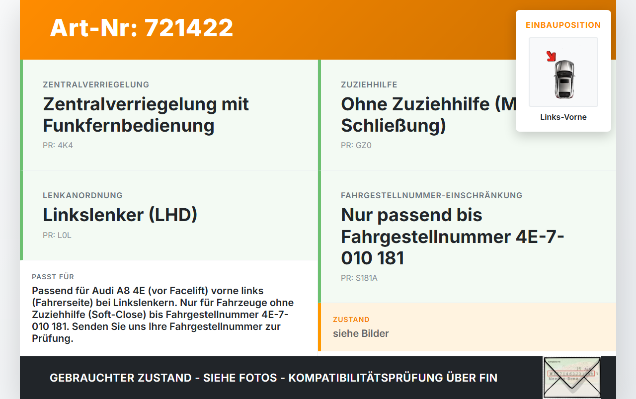 Audi A8 4E D3 02-05 Stufenheck Türschloss m. ZV Stellmotor Links Vorne Audi A8 4E D3 02-05 10.05.2004 4E1837015... Vorschau 3