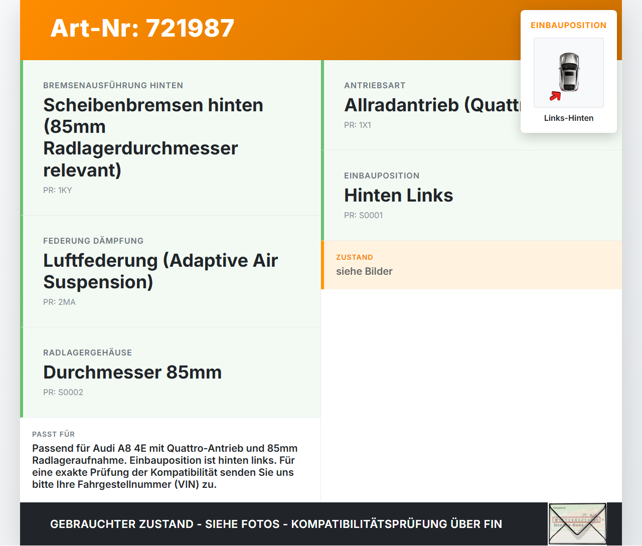 Audi A8 4E D3 02-05 Stufenheck 3,7 206KW 4WD Achsschenkel Radnabe mit ABS Links Hinten Audi A8 4E D3 02-05... Vorschau 3