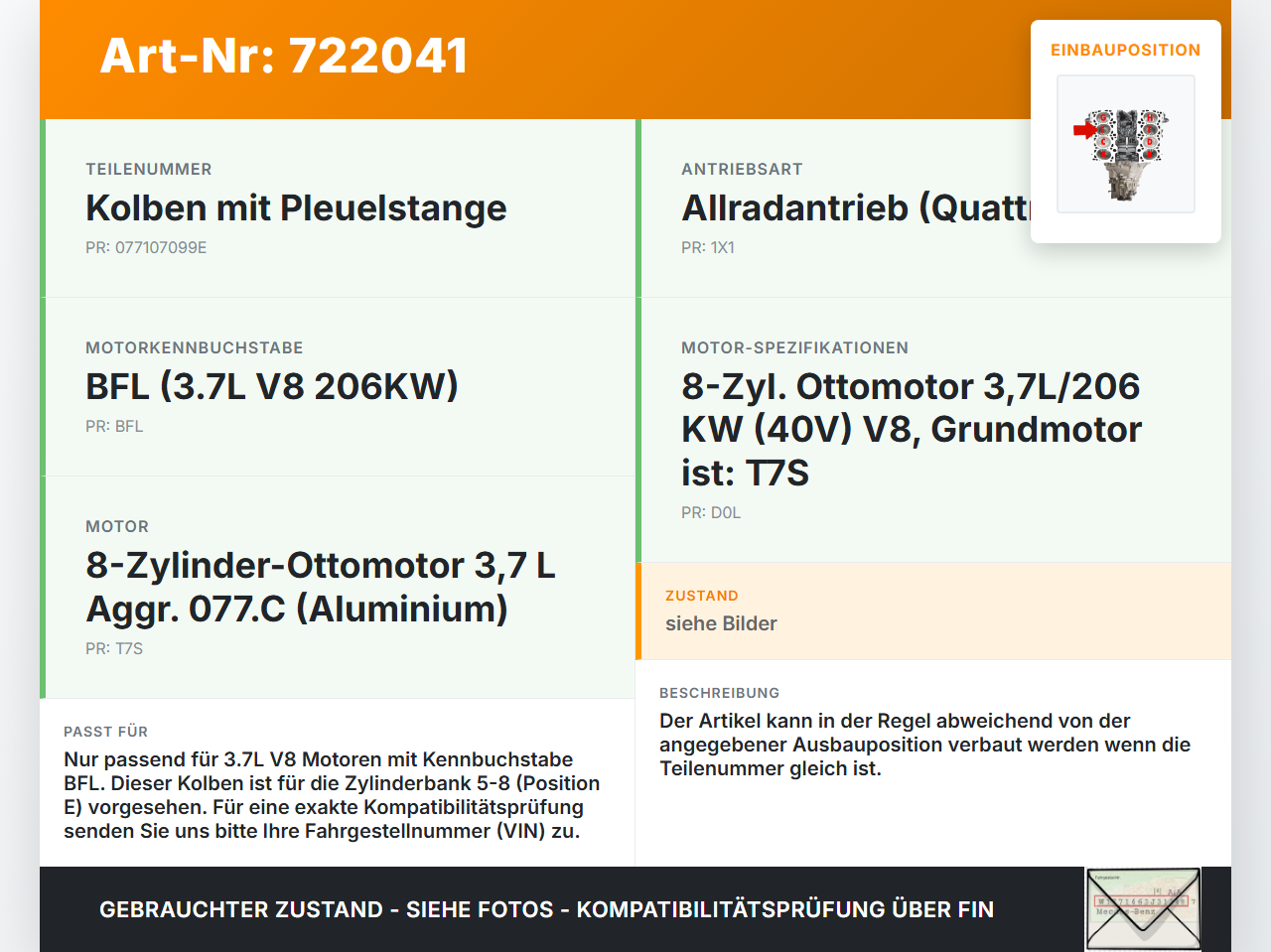 Audi A8 4E D3 02-05 3,7 206KW BFL Kolben mit Pleuel Pos E 84,49 Audi A8 4E D3 02-05 10.05.2004 077107099E gebraucht Vorschau 3