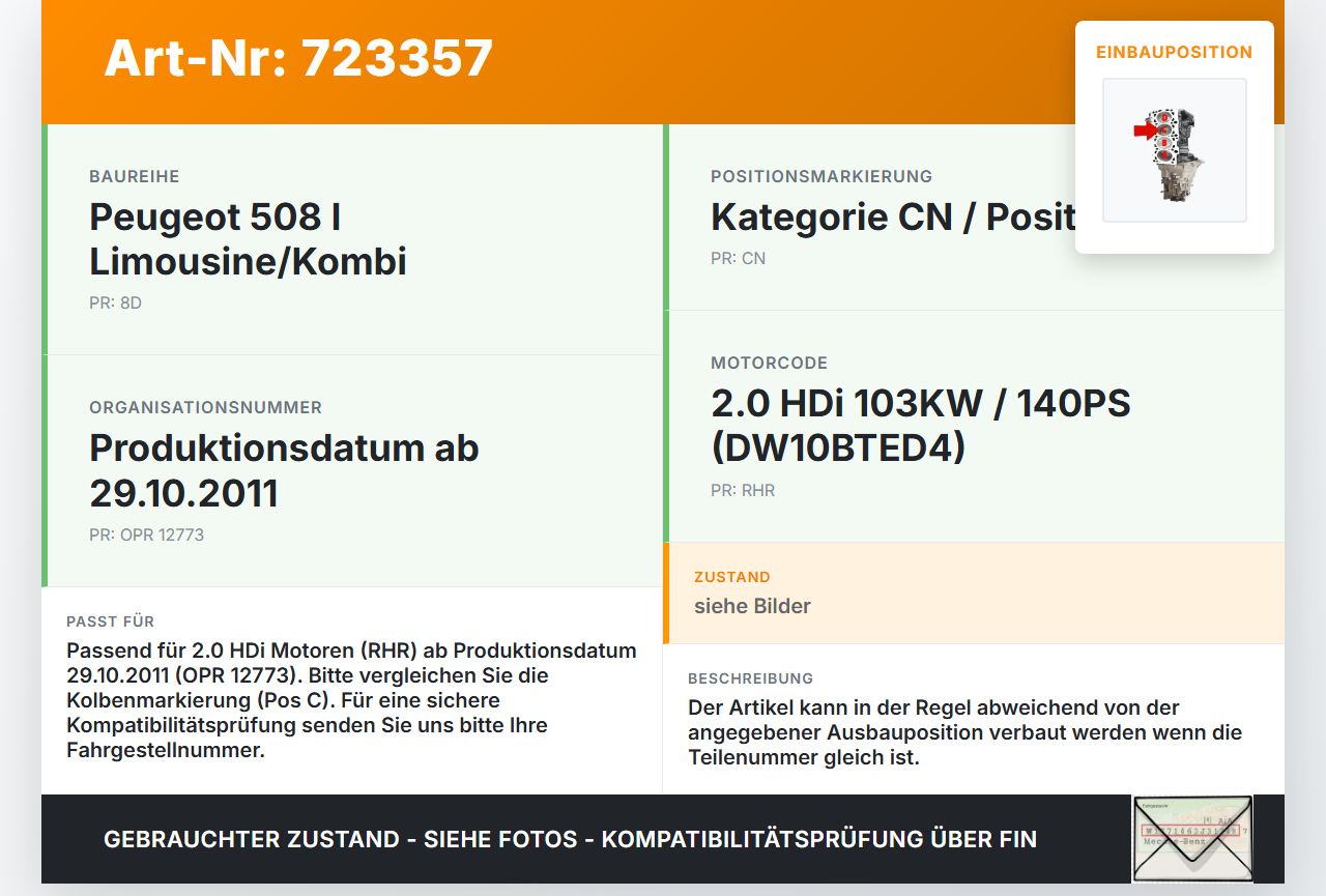 Peugeot 508 I 8D 10-14 HDi 2,0 103KW RHR DW10BTED4 Kolben mit Pleuel Pos C Peugeot 508 I 8D 10-14 31.10.2011 0628R1... Vorschau 3