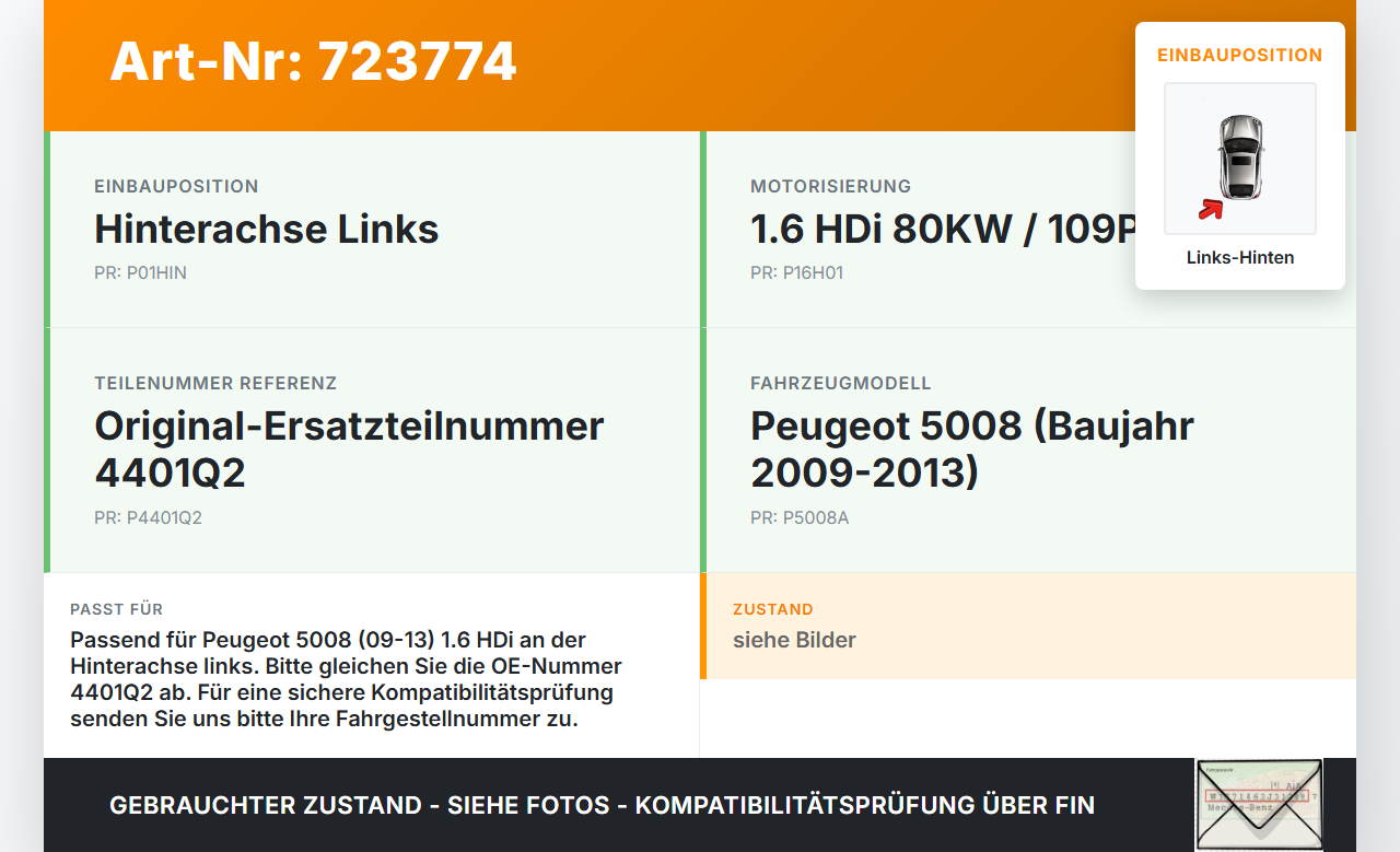 Peugeot 5008 09-13 HDi 1,6 80KW Bremssattel Bremszange Hinten Links Peugeot 5008 09-13 29.01.2010 727463 32041959... Vorschau 3