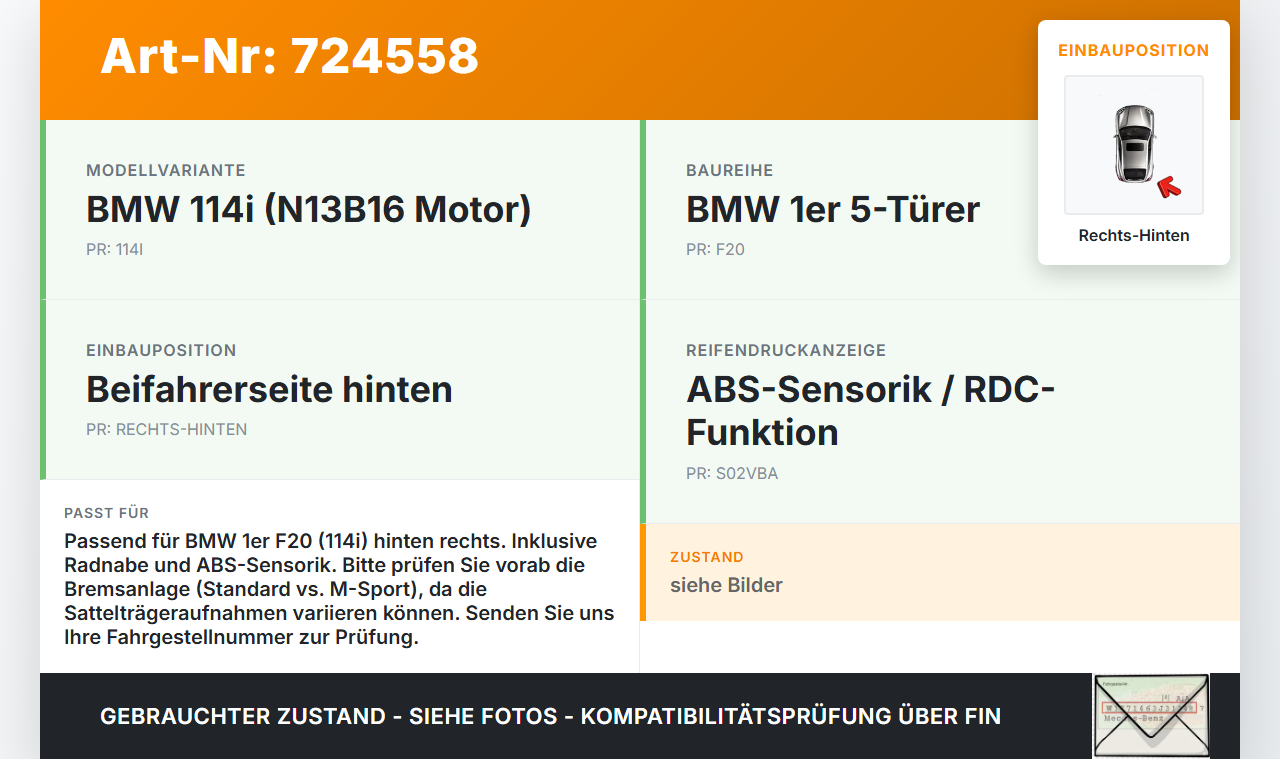 BMW 1er 114i F20 11-15 5T 1,6i 75KW Achsschenkel Radnabe mit ABS Rechts Hinten BMW 1er 114i F20 11-15 22.11.2013... Vorschau 3