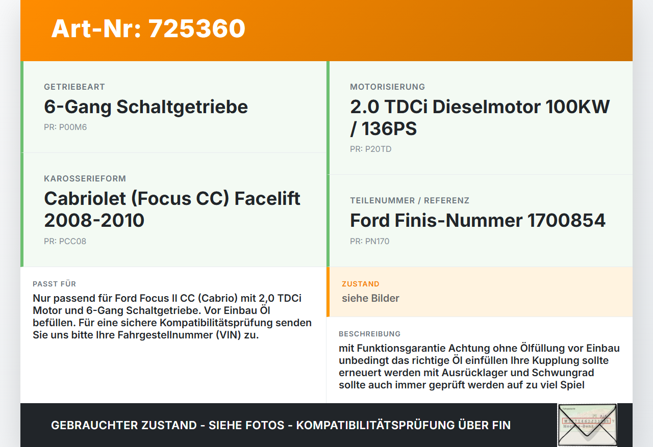 Ford Focus II CC 08-10 TDCi 2,0 100KW Schaltgetriebe Ford Focus II CC 08-10 01.10.2008 RM8M5R-7002-FD 1700854 gebraucht Vorschau 3