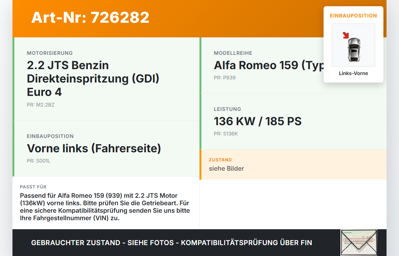 Alfa Romeo 159 939 06-11 JTS 2,2 136KW Antriebswelle Gelenkwelle Links Vorne Alfa Romeo 159 939 06-11 30.03.2006... Vorschau 3