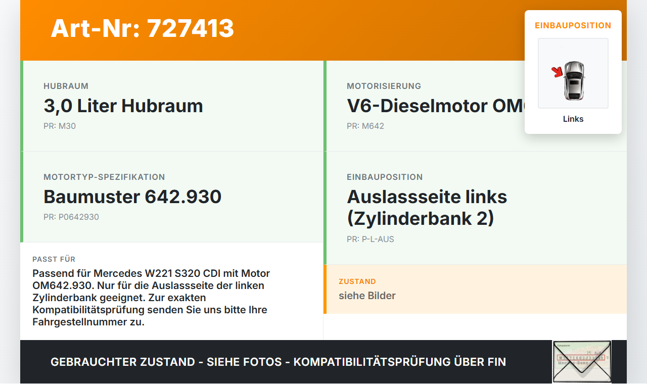 Mercedes W221 S320 05-09 CDI 3,0 173KW 642930 Nockenwelle Auslass Links Mercedes W221 S320 05-09 17.08.2008... Vorschau 3