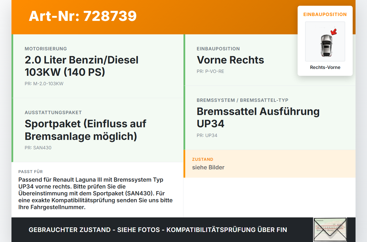 Renault Laguna III 3 07-11 140 2,0 103KW Bremssattel Bremszange Vorne Rechts Renault Laguna III 3 07-11 26.02.2008... Vorschau 3