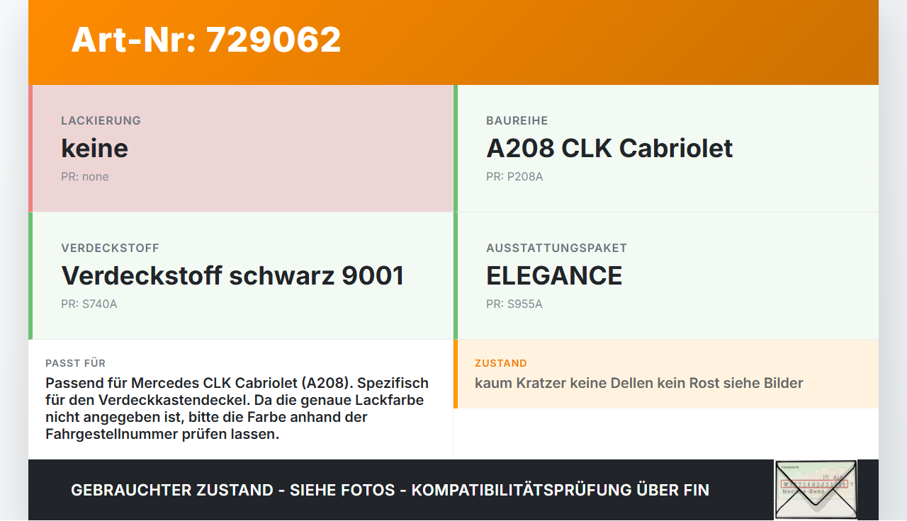 Mercedes CLK 320 A208 Cabrio Blende Aussen Abdeckung für Verdeckkasten Mercedes CLK 320 A208 31.01.2000 A2087500375... Vorschau 3