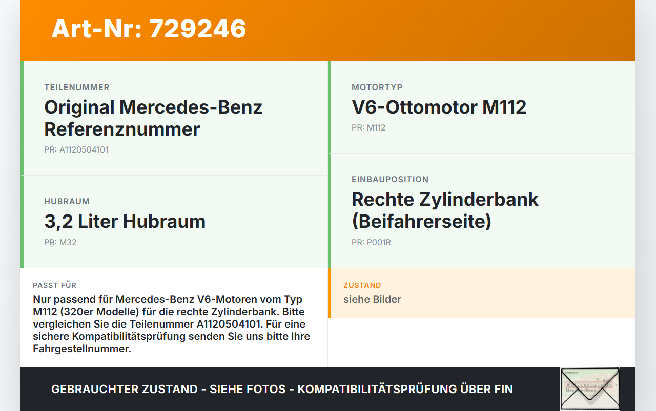 Mercedes CLK 320 A208 3,2 160KW 112.940 Nockenwelle Mercedes CLK 320 A208 31.01.2000 A1120504101 gebraucht Vorschau 3