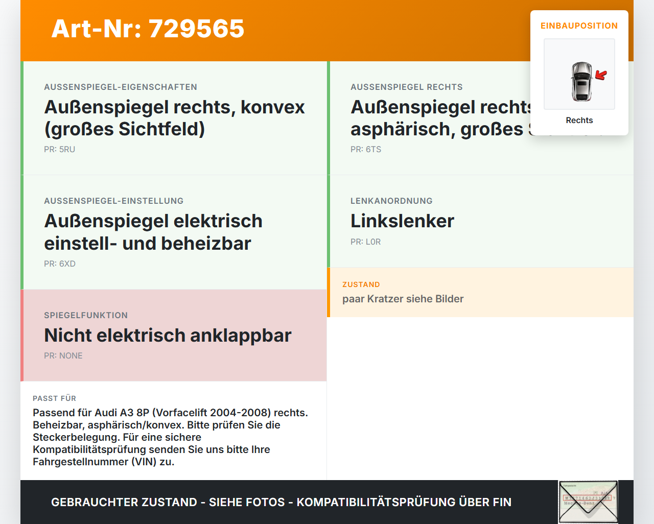 Audi A3 8P 04-08 Spiegel Aussenspiegel Rechts LZ9W Audi A3 8P 04-08 13.05.2004 gebraucht Vorschau 3
