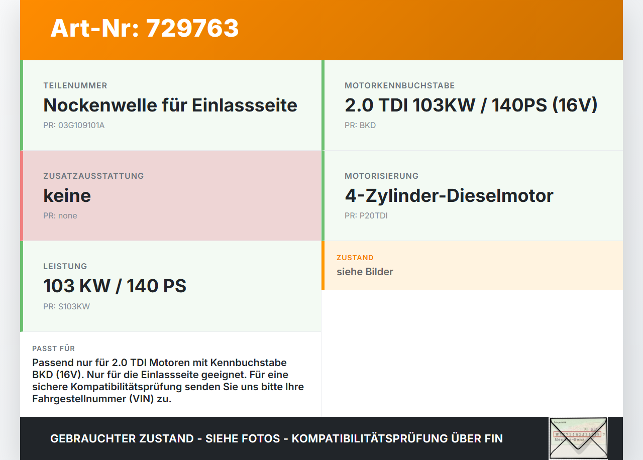 Audi A3 8P 04-08 TDI 2,0 103KW BKD Nockenwelle Einlass Audi A3 8P 04-08 13.05.2004 03G109101A gebraucht Vorschau 3