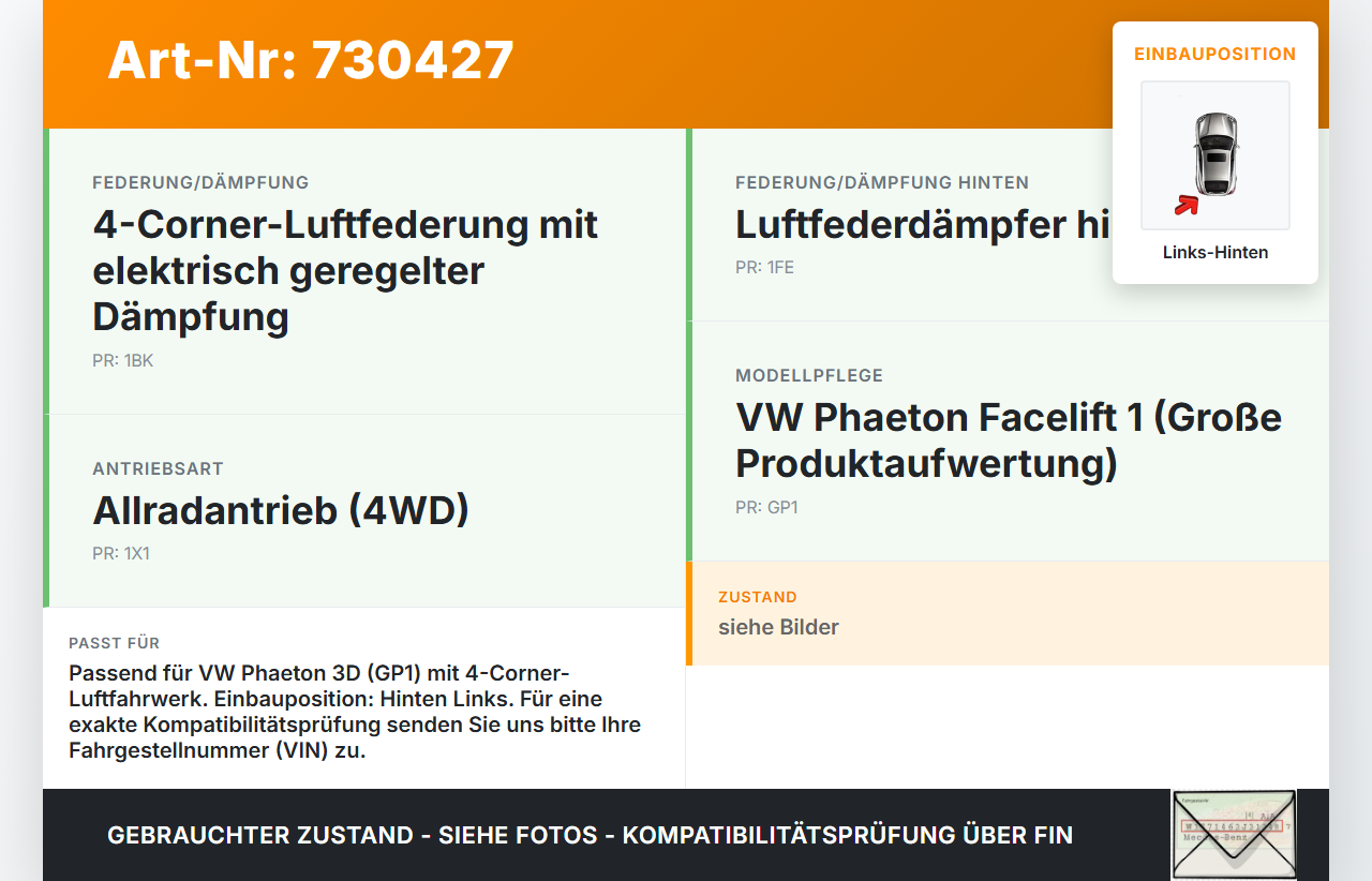 VW Phaeton 3D GP1 07-10 Lang Stossdämpfer Federbein Hinten Links Luftfederbein Luftfahrwerk VW Phaeton 3D GP1 07-10... Vorschau 3