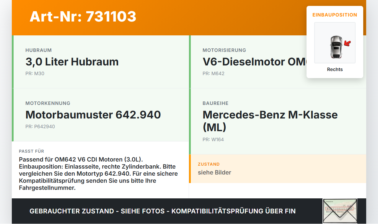 Mercedes W164 ML320 05-09 CDI 3,0 165KW 642940 Nockenwelle Einlass Rechts Mercedes W164 ML320 05-09 16.01.2006... Vorschau 3