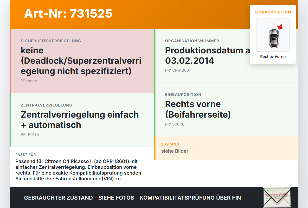 Citroen C4 Picasso II 13-16 Türschloss m. ZV Stellmotor Rechts Vorne Citroen C4 Picasso II 13-16 23.09.2015... Vorschau 3
