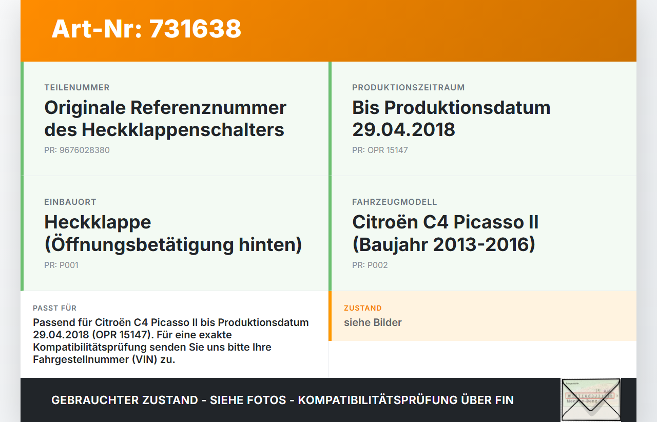 Citroen C4 Picasso II 13-16 Schalter Taster Öffner für Heckklappe Citroen C4 Picasso II 13-16 23.09.2015 9676028380... Vorschau 3