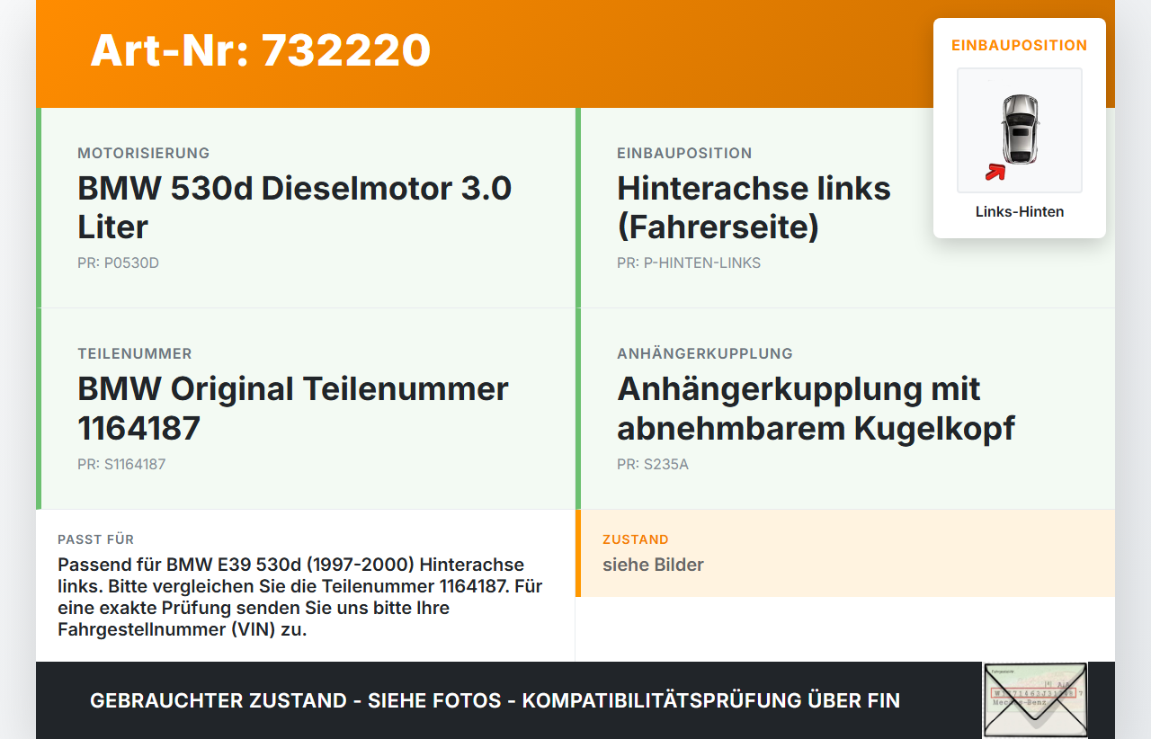 BMW E39 5er 530d 97-00 3,0d Bremssattel Bremszange Hinten Links BMW E39 5er 530d 97-00 26.02.1999 3421-1164187... Vorschau 3